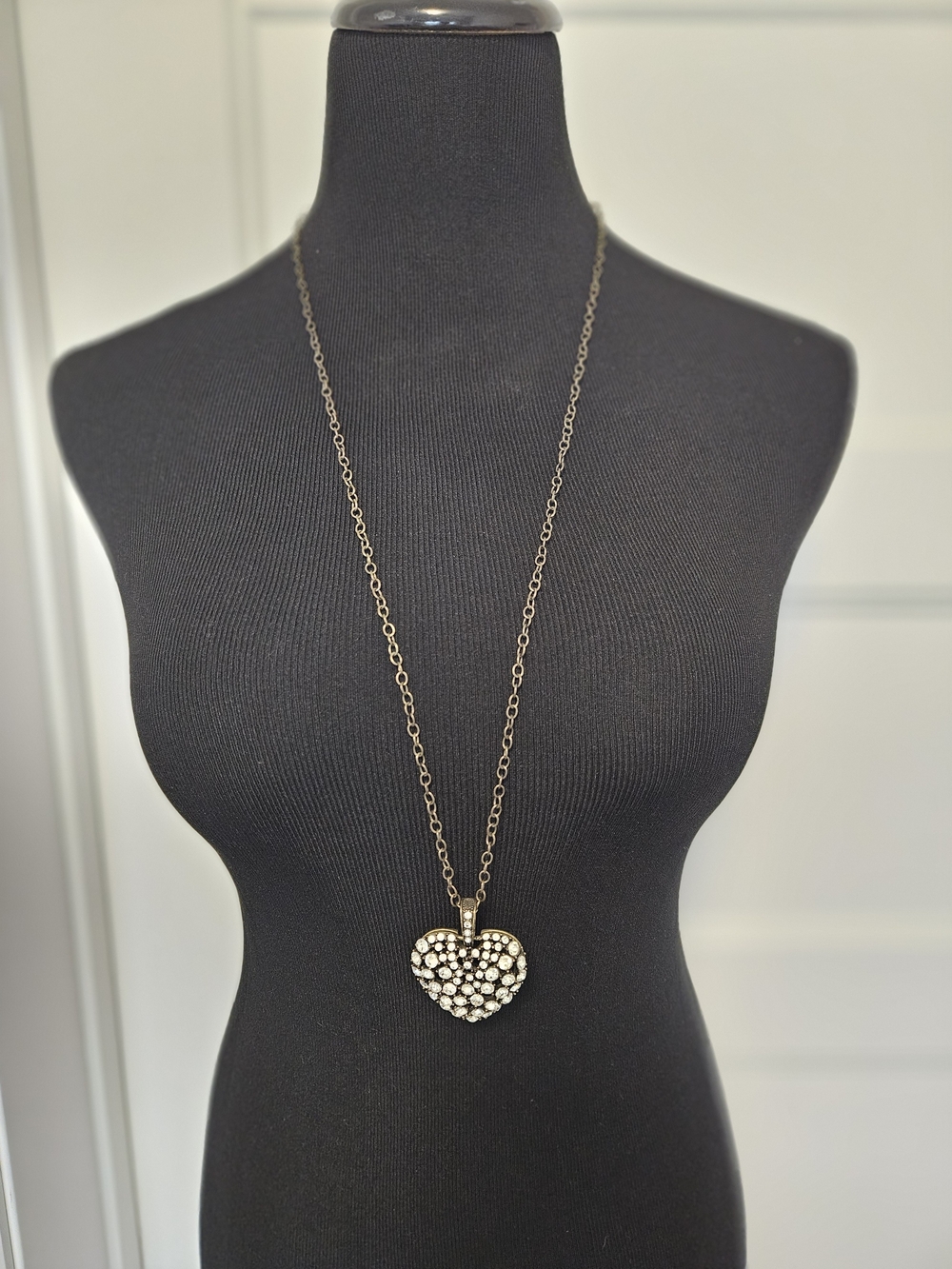 Rhinestone Heart Pendant Long Necklace - Gold-Tone